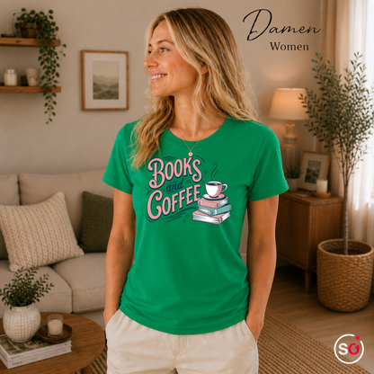 Damen KellyGrün – T-Shirt mit 'Books and Coffee' Spruch im Retro-Design | Bücher & Kaffeetasse Motiv