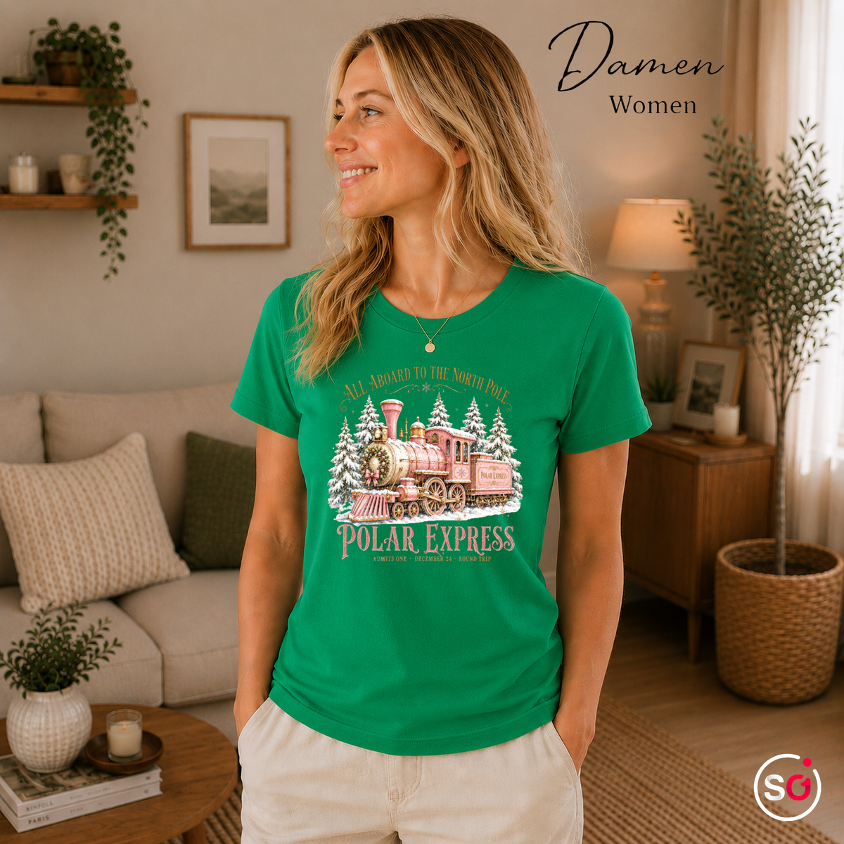 Damen KellyGrün – T-Shirt Polar Express: Magische Weihnachtsfahrt zum Nordpol im Vintage-Design