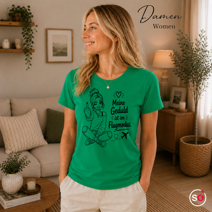 Damen KellyGrün – T-Shirt mit Spruch 'Meine Geduld ist im Flugmodus' & frecher Mittelfinger-Illustration