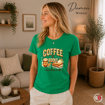 Damen KellyGrün – Coffee & Books T-Shirt – Floraler Print für Leseratten & Kaffeeliebhaber