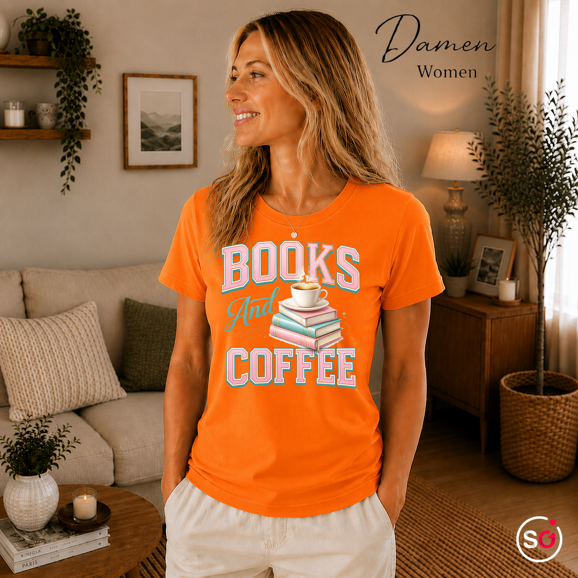 Damen Orange – Books And Coffee T-Shirt für Leseratten & Kaffeefans – Damen & Herren