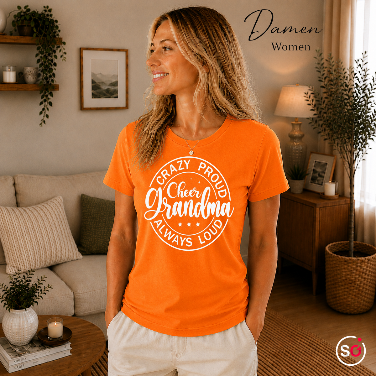 Damen Orange – T-Shirt mit „Crazy Proud Cheer Grandma“ Spruch für die stolzeste und lauteste Oma