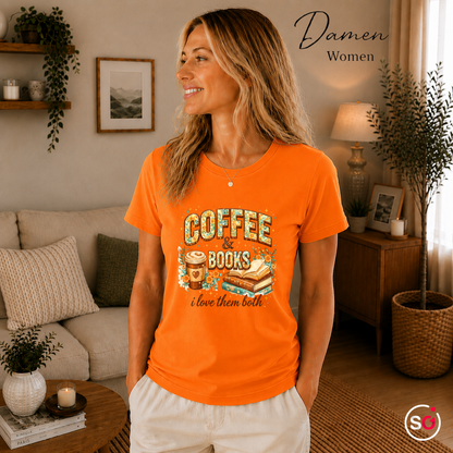 Damen Orange – Coffee & Books T-Shirt – Floraler Print für Leseratten & Kaffeeliebhaber