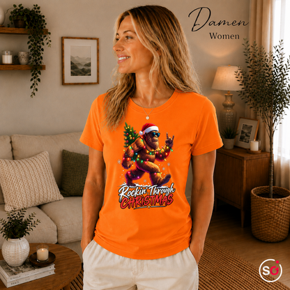 Damen Orange – Rockin' Bigfoot Weihnachts-T-Shirt mit Lichterkette und Tannenbaum