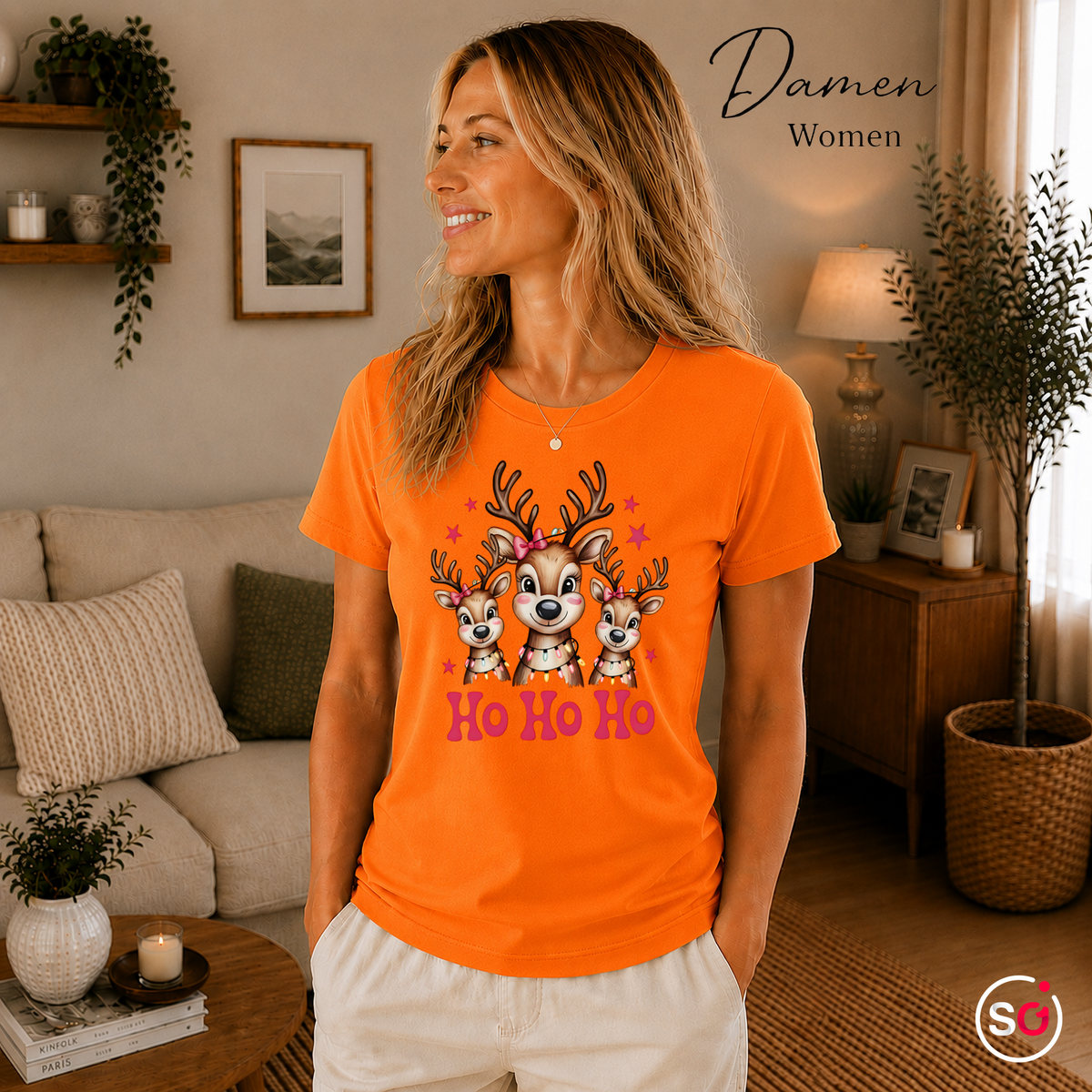 Damen Orange – T-Shirt mit süßer Rentier Familie und „Ho Ho Ho“ Schriftzug für Weihnachten