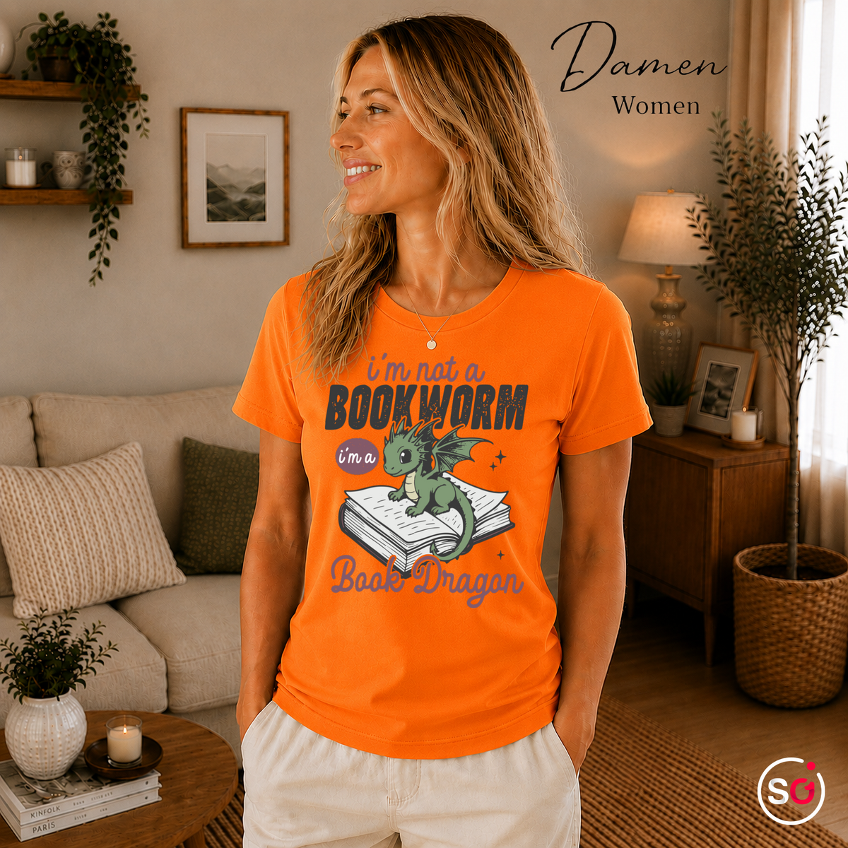Damen Orange – Buch Drache T-Shirt – Niedlicher Drache auf Buch mit tollem Spruch