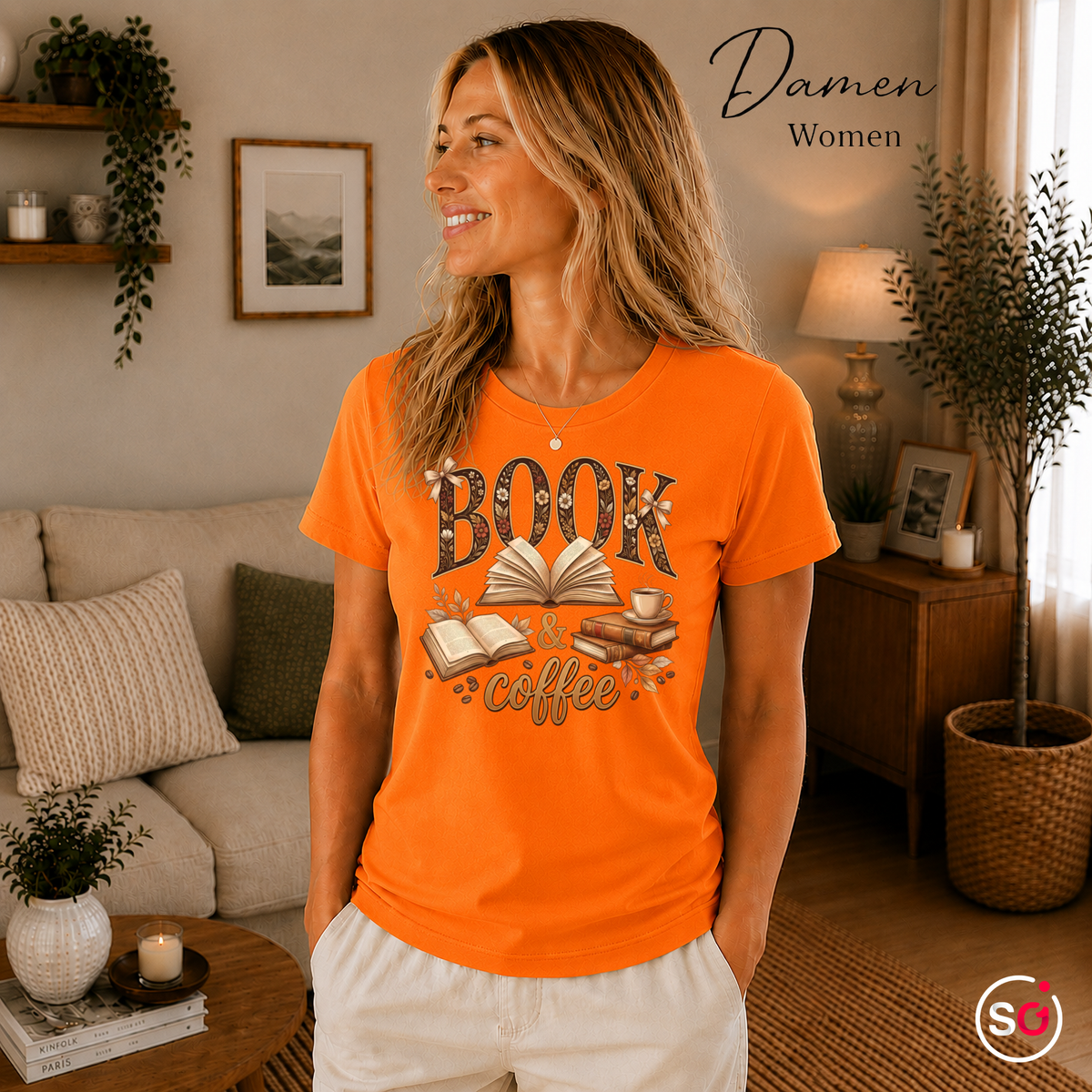 Damen Orange – Blumiges BOOK & coffee Motiv Shirt – Dein Statement für Bücherliebe & Kaffeemomente