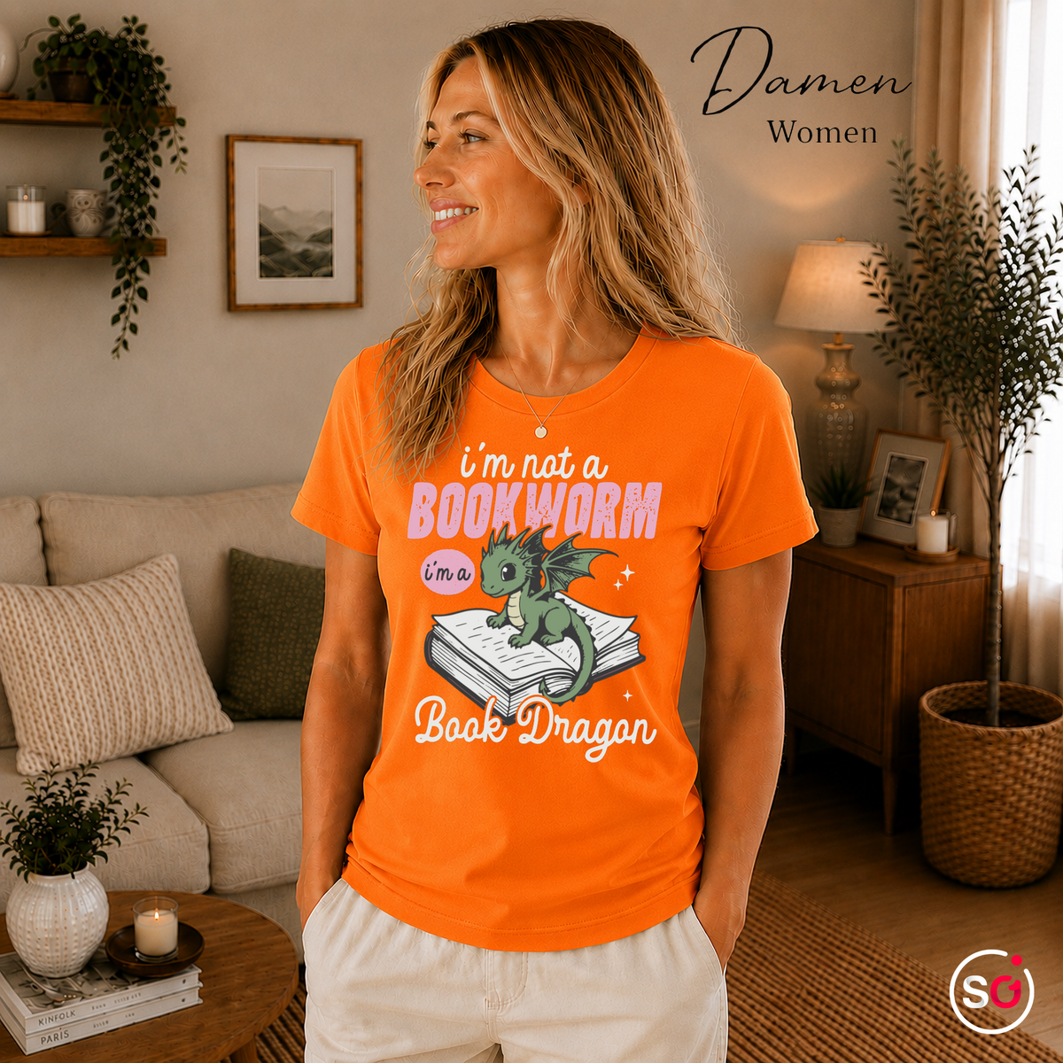 Damen Orange – Ich bin kein Bücherwurm, ich bin ein Buchdrache: Charmantes Drachenmotiv für Lesefans