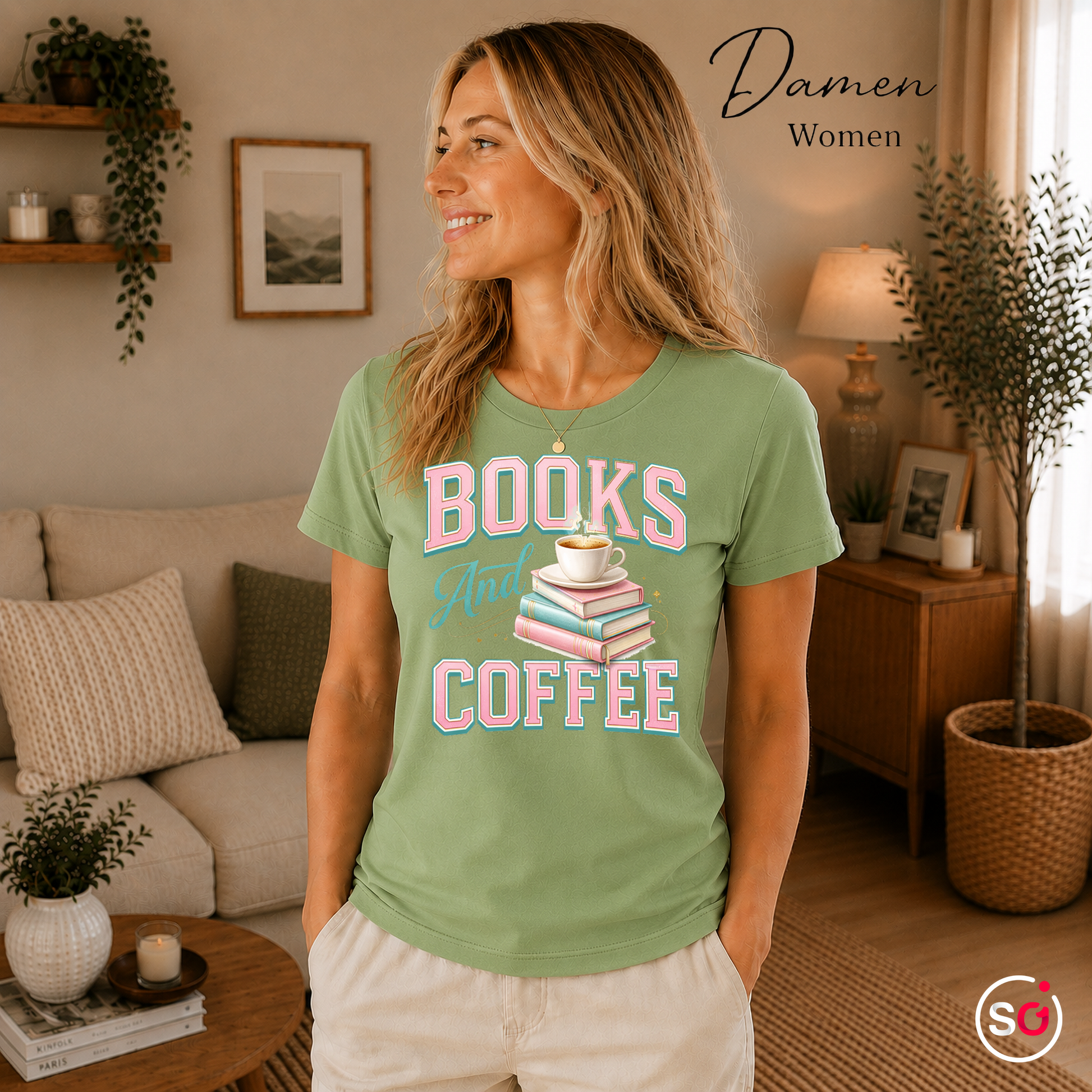 Damen Pistaccio – Books And Coffee T-Shirt für Leseratten & Kaffeefans – Damen & Herren