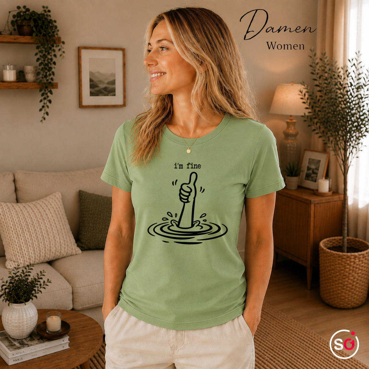 Damen Pistaccio – T-Shirt mit sarkastischem 'I'm Fine' Daumen Hoch Motiv