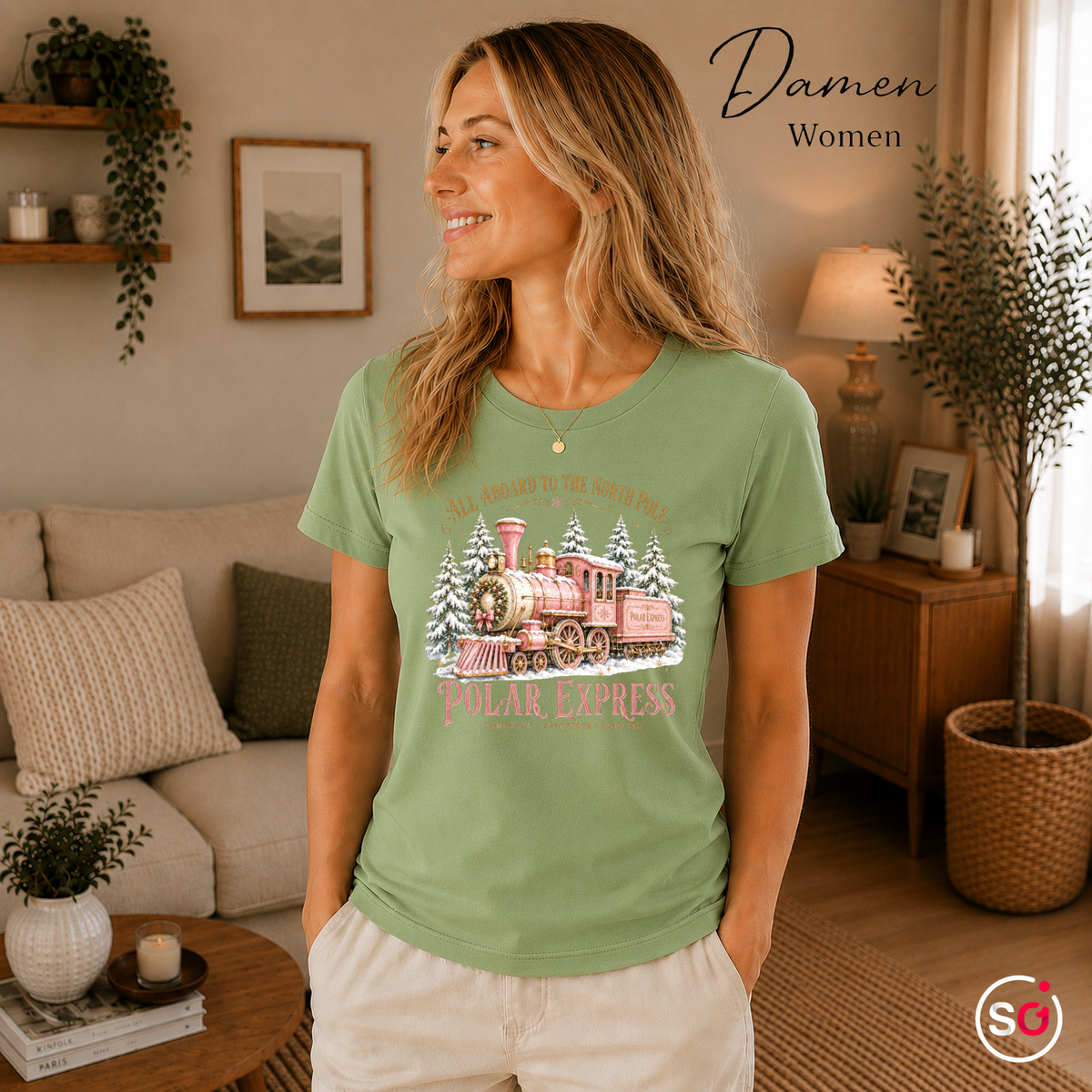 Damen Pistaccio – T-Shirt Polar Express: Magische Weihnachtsfahrt zum Nordpol im Vintage-Design