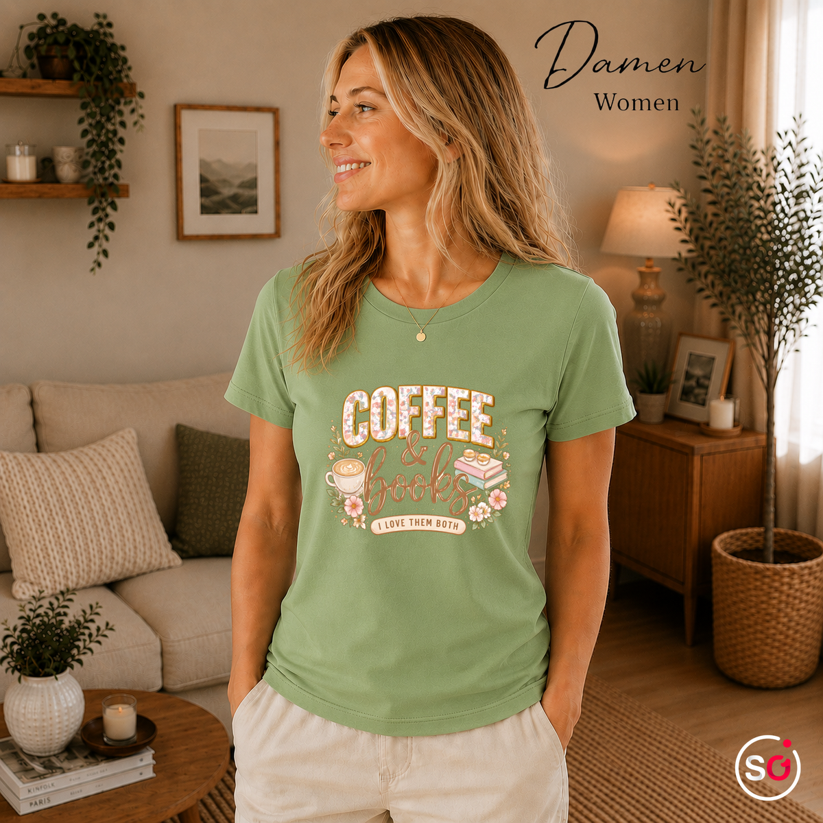 Damen Pistaccio – T-Shirt mit Coffee & Books Design | Floral-verzierter Spruch für Bücher- und Kaffeeliebhaber