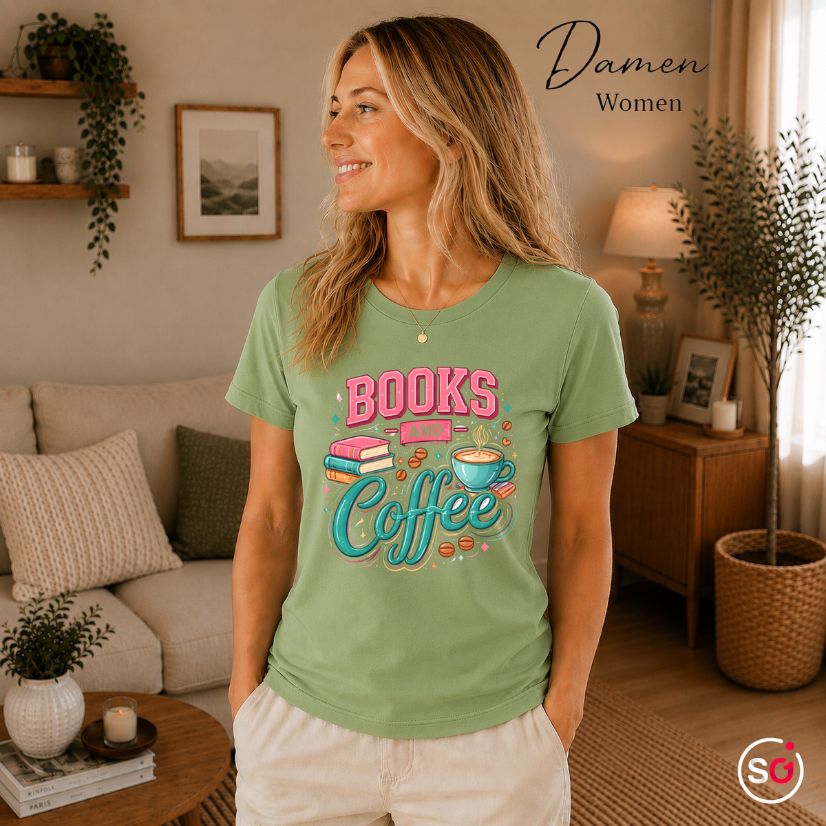 Damen Pistaccio – Books and Coffee Design T-Shirt - Leseliebe & Kaffeegenuss