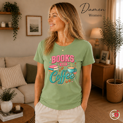 Damen Pistaccio – Books and Coffee Design T-Shirt - Leseliebe & Kaffeegenuss