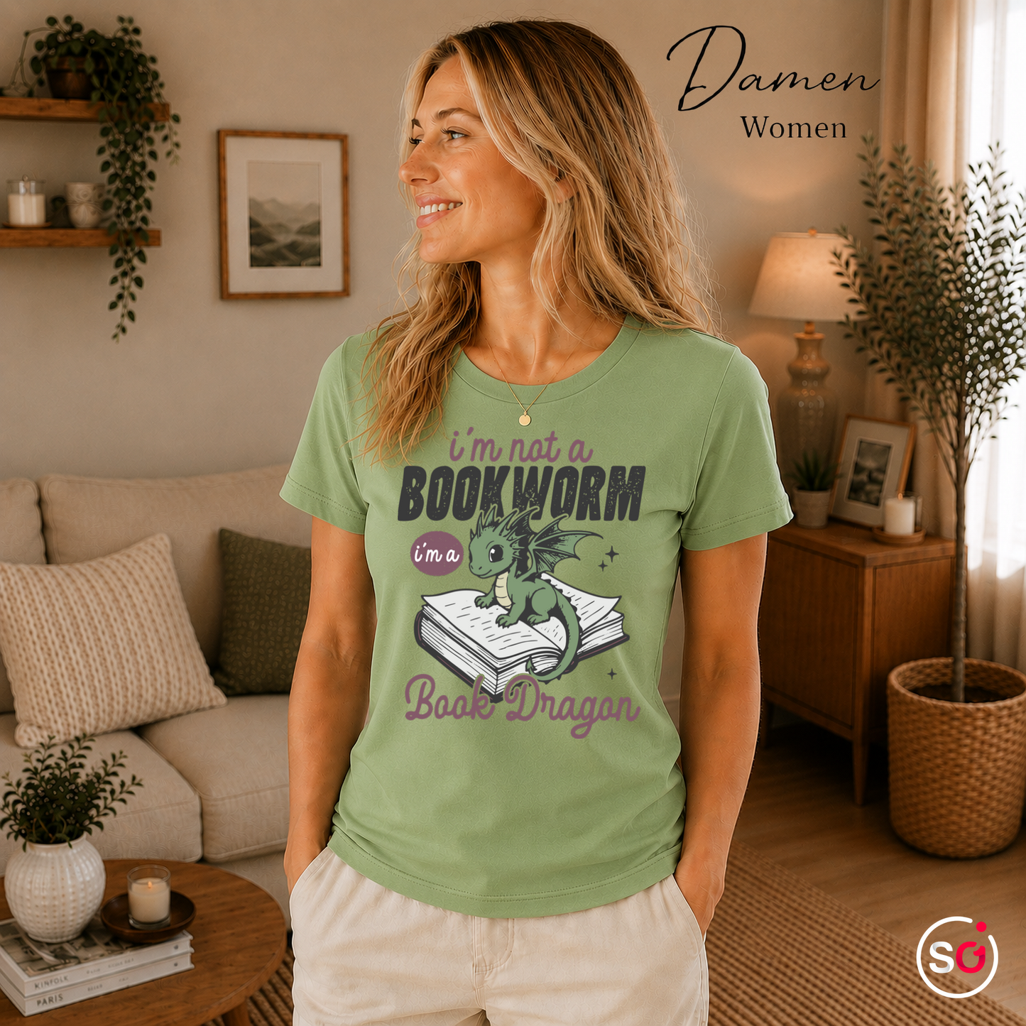 Damen Pistaccio – Buch Drache T-Shirt – Niedlicher Drache auf Buch mit tollem Spruch