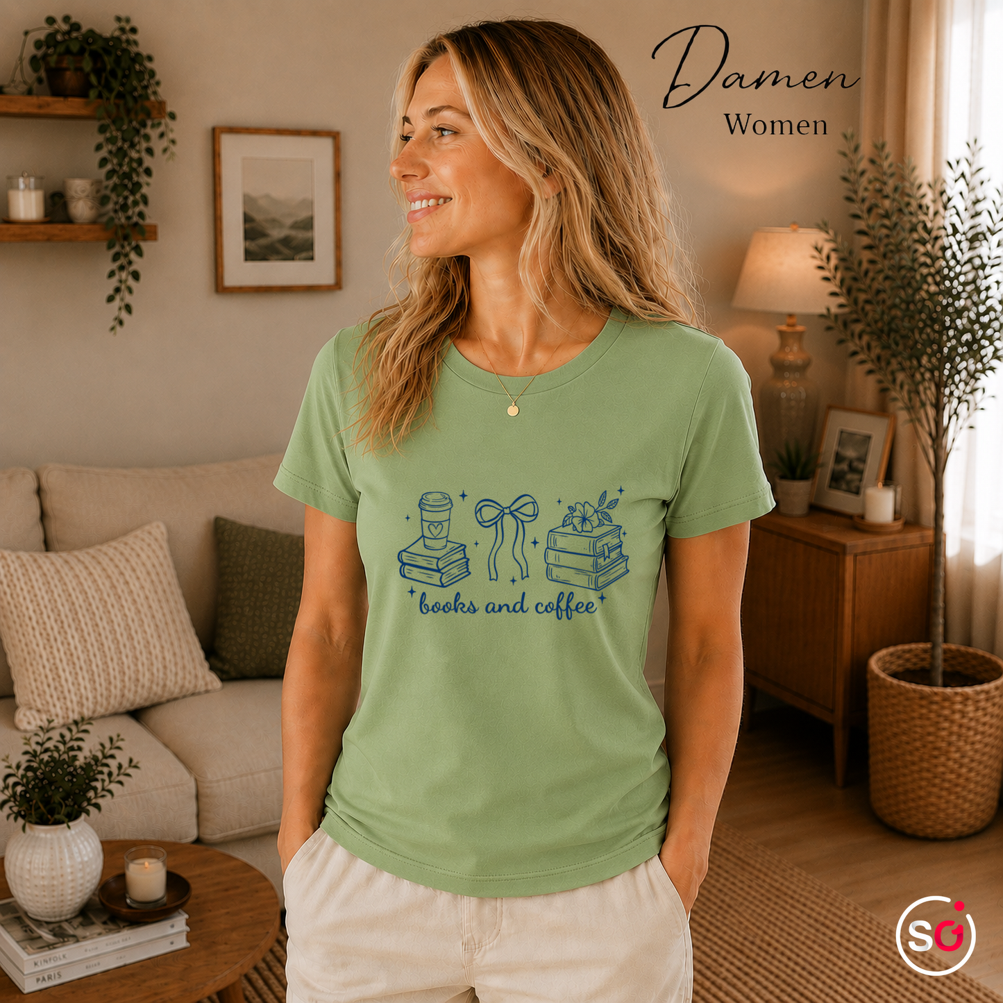 Damen Pistaccio – Bücher & Kaffee Liebhaber Design T-Shirt | Charmantes Motiv für Lesefreunde