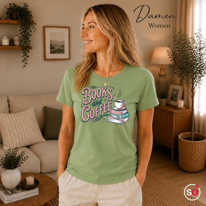 Damen Pistaccio – T-Shirt mit 'Books and Coffee' Spruch im Retro-Design | Bücher & Kaffeetasse Motiv