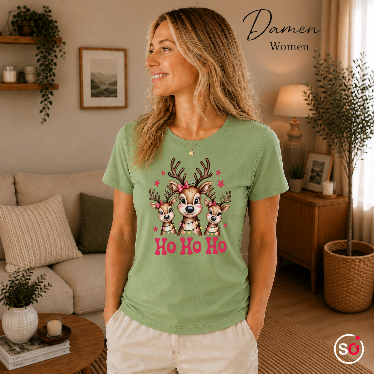 Damen Pistaccio – T-Shirt mit süßer Rentier Familie und „Ho Ho Ho“ Schriftzug für Weihnachten
