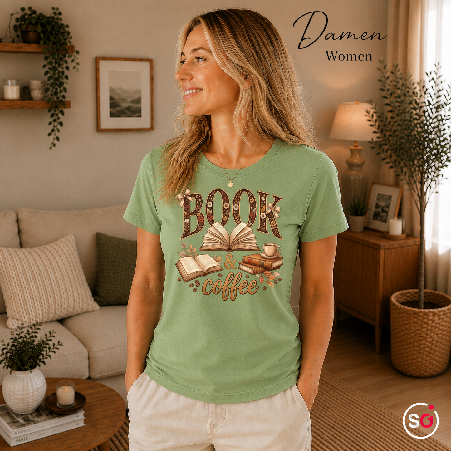 Damen Pistaccio – Blumiges BOOK & coffee Motiv Shirt – Dein Statement für Bücherliebe & Kaffeemomente