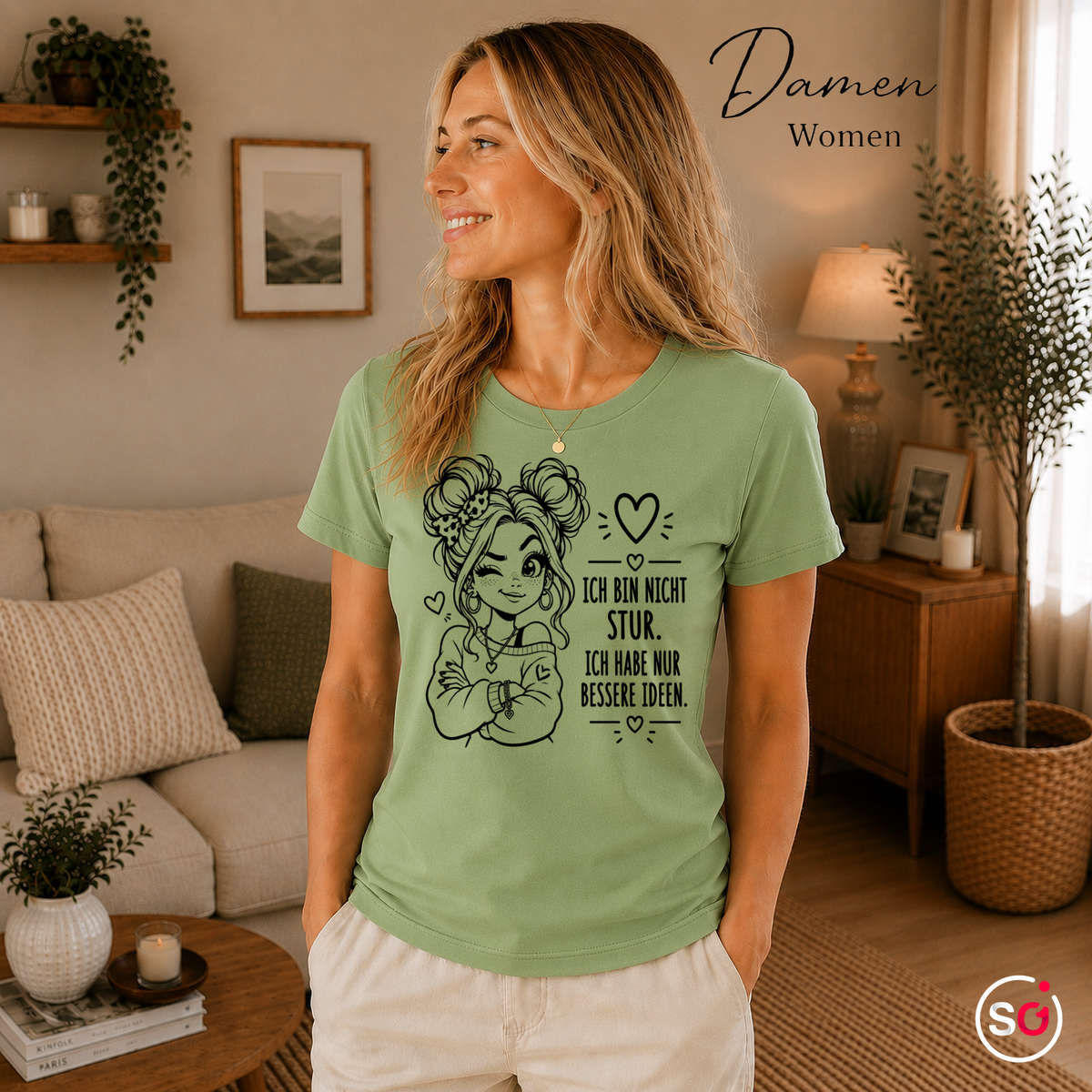 Damen Pistaccio – Statement-Shirt "Bessere Ideen" mit zwinkerndem Comic-Mädchen und frechem Spruch