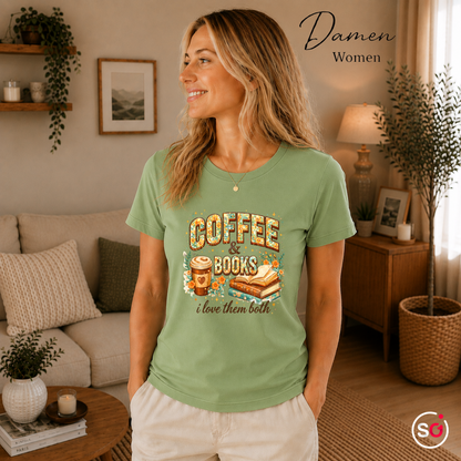 Damen Pistaccio – Coffee & Books T-Shirt – Floraler Print für Leseratten & Kaffeeliebhaber
