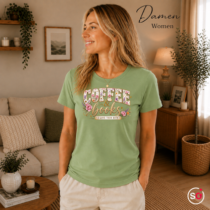 Damen Pistaccio – T-Shirt 'Coffee & Books' mit romantischem Blumen-Design für Leseratten
