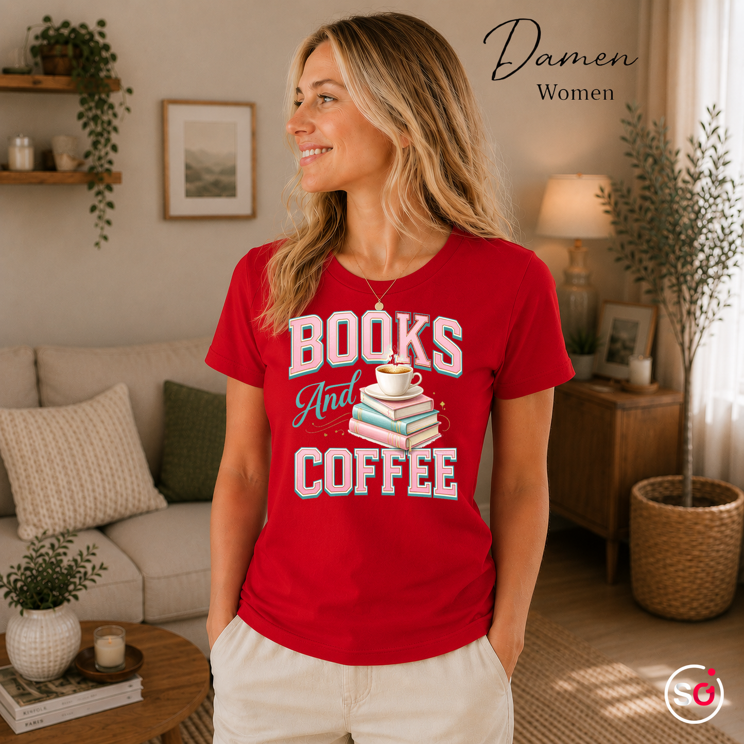 Damen Rot – Books And Coffee T-Shirt für Leseratten & Kaffeefans – Damen & Herren