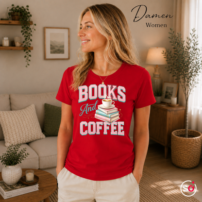Damen Rot – Books And Coffee T-Shirt für Leseratten & Kaffeefans – Damen & Herren
