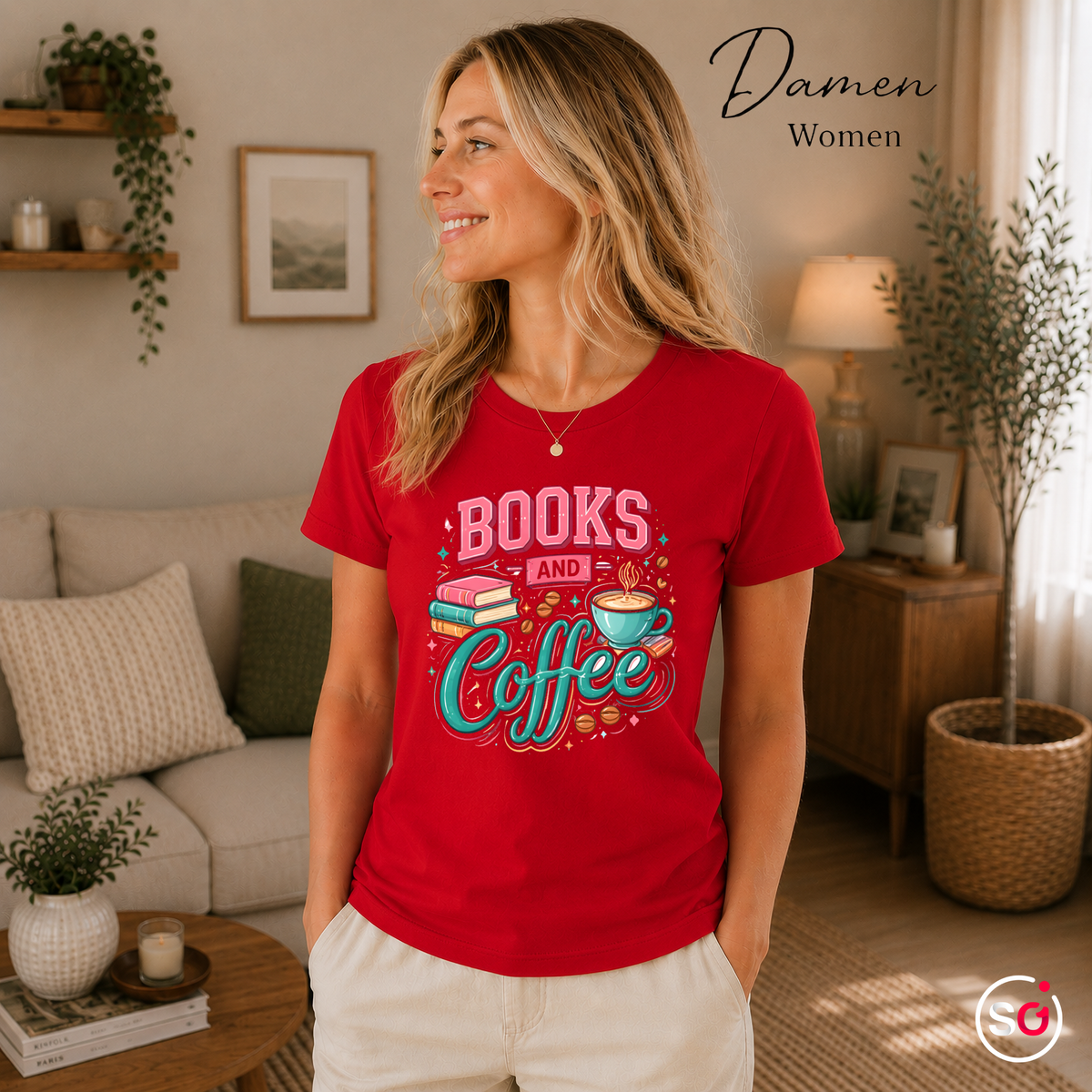 Damen Rot – Books and Coffee Design T-Shirt - Leseliebe & Kaffeegenuss