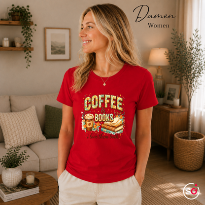 Damen Rot – Coffee & Books T-Shirt – Floraler Print für Leseratten & Kaffeeliebhaber