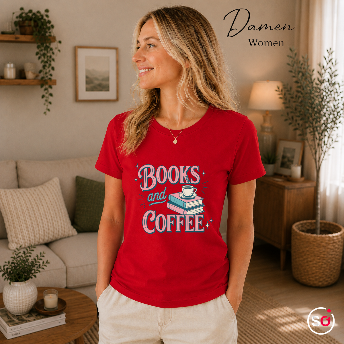 Damen Rot – Books and Coffee T-Shirt | Charmantes Design für Leseratten & Kaffeefans