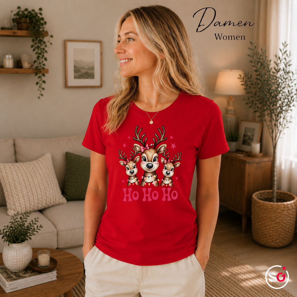 Damen Rot – T-Shirt mit süßer Rentier Familie und „Ho Ho Ho“ Schriftzug für Weihnachten