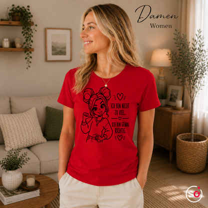 Damen Rot – T-Shirt mit Statement-Spruch 'Ich bin genau richtig' im verspielten Comic-Look