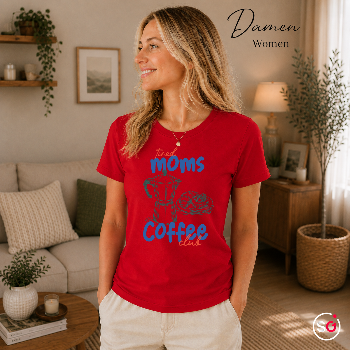 Damen Rot – Statement-Shirt "Tired Moms Coffee Club" mit Kaffeekannen-Motiv und Croissant