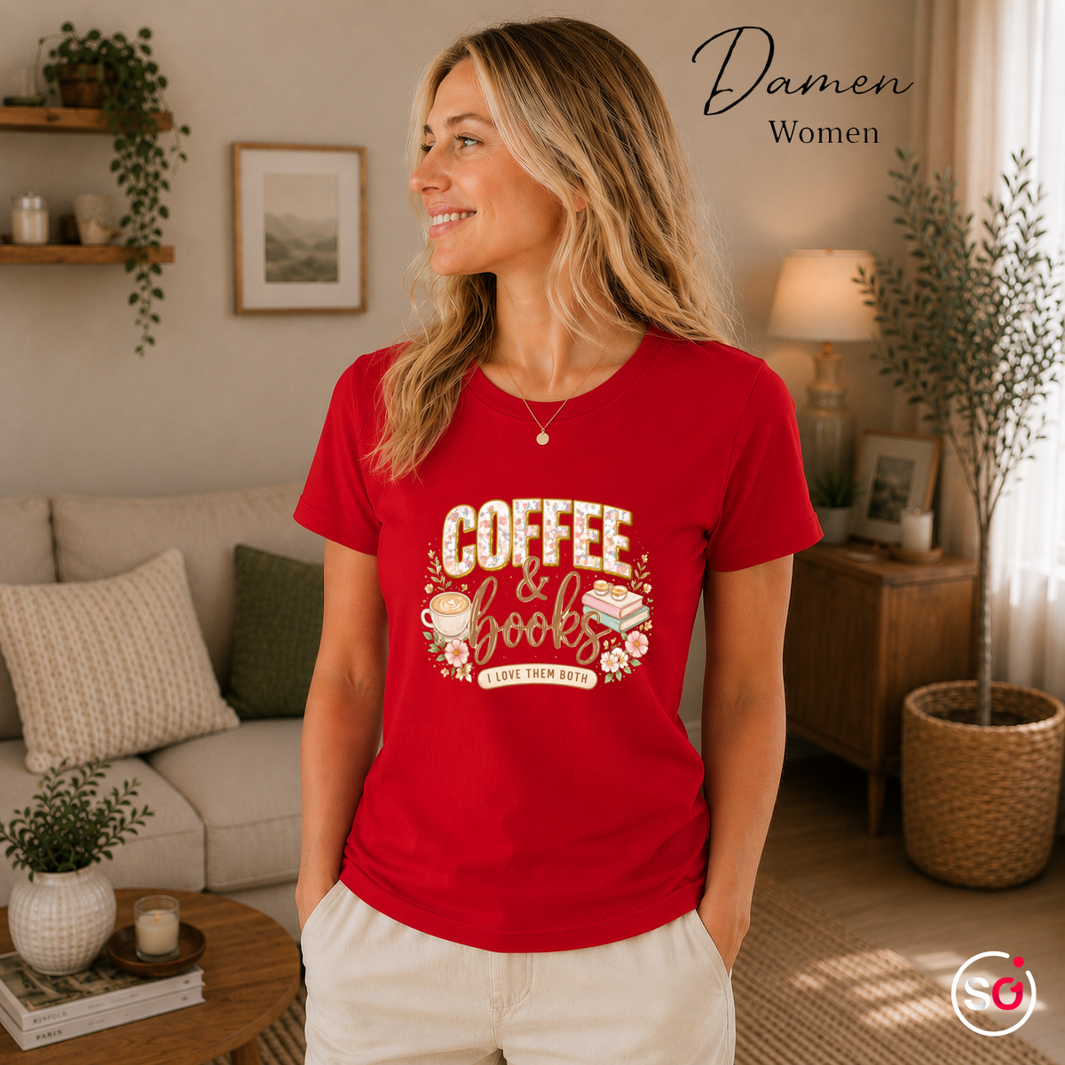 Damen Rot – T-Shirt mit Coffee & Books Design | Floral-verzierter Spruch für Bücher- und Kaffeeliebhaber