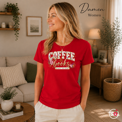 Damen Rot – T-Shirt 'Coffee & Books' mit romantischem Blumen-Design für Leseratten
