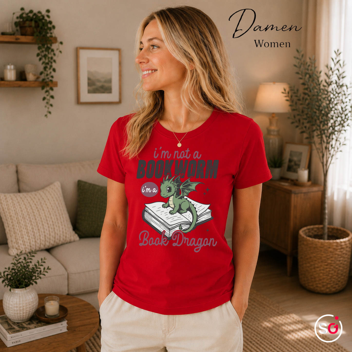Damen Rot – Buch Drache T-Shirt – Niedlicher Drache auf Buch mit tollem Spruch