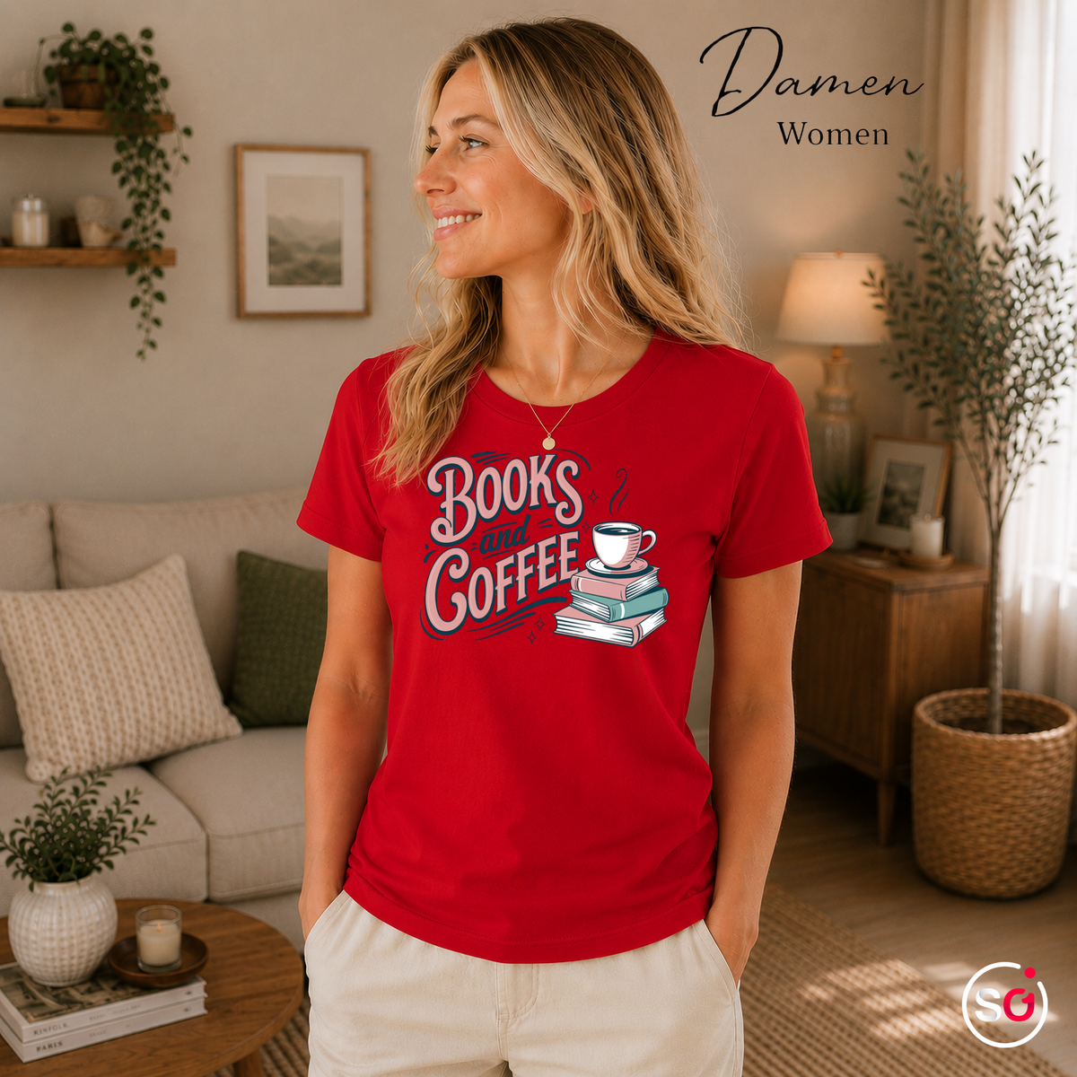 Damen Rot – T-Shirt mit 'Books and Coffee' Spruch im Retro-Design | Bücher & Kaffeetasse Motiv