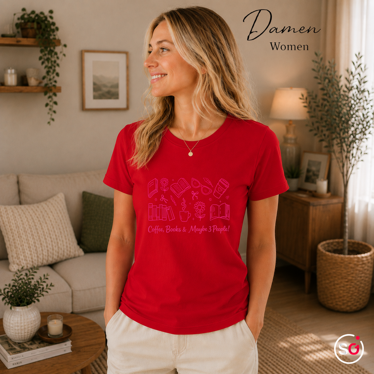 Damen Rot – Lese-Liebe T-Shirt: 'Coffee, Books & Maybe 3 People!' Motiv in Pink
