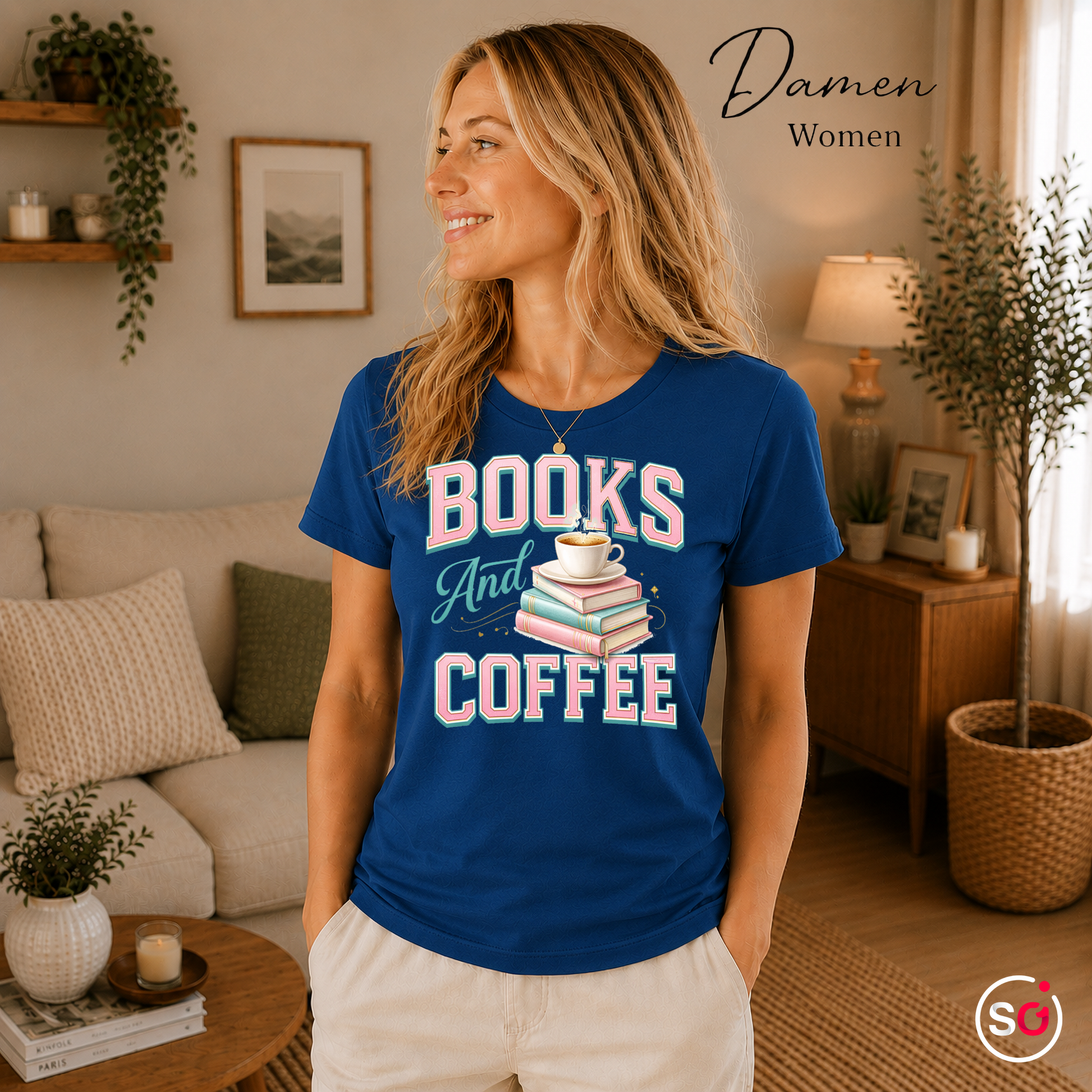 Damen RoyalBlau – Books And Coffee T-Shirt für Leseratten & Kaffeefans – Damen & Herren