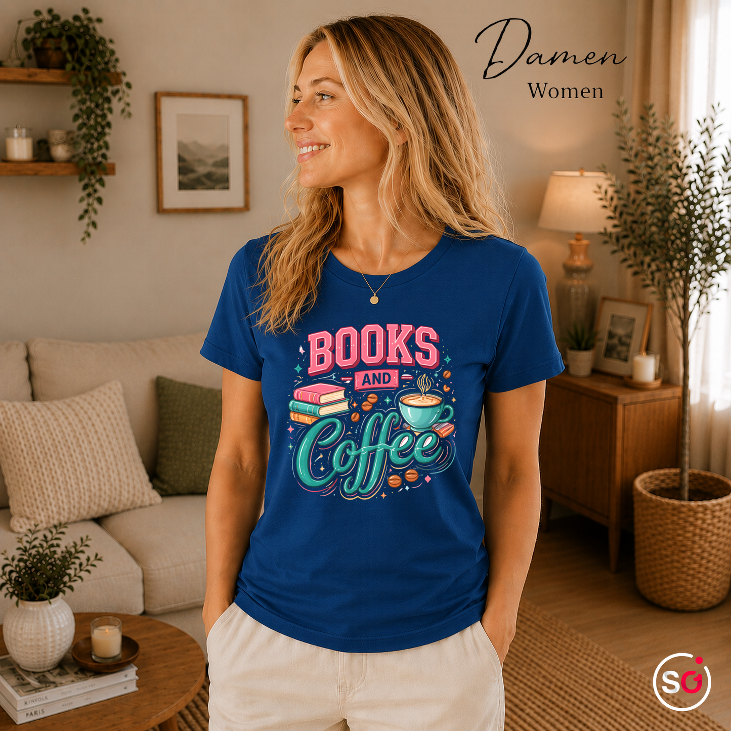 Damen RoyalBlau – Books and Coffee Design T-Shirt - Leseliebe & Kaffeegenuss