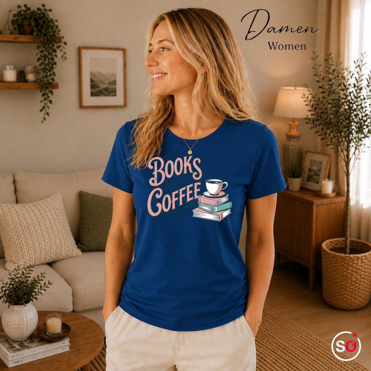 Damen RoyalBlau – T-Shirt mit 'Books and Coffee' Spruch im Retro-Design | Bücher & Kaffeetasse Motiv