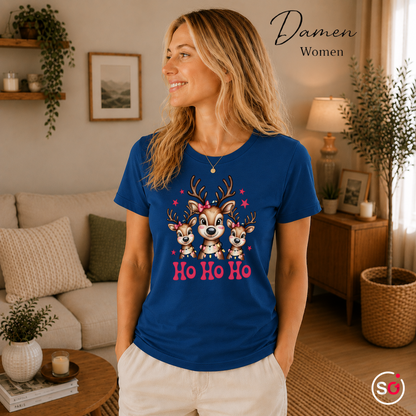 Damen RoyalBlau – T-Shirt mit süßer Rentier Familie und „Ho Ho Ho“ Schriftzug für Weihnachten