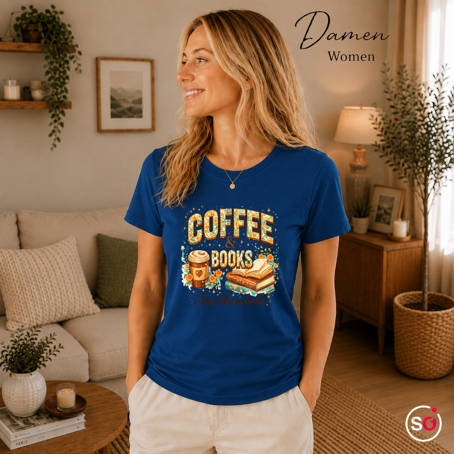 Damen RoyalBlau – Coffee & Books T-Shirt – Floraler Print für Leseratten & Kaffeeliebhaber