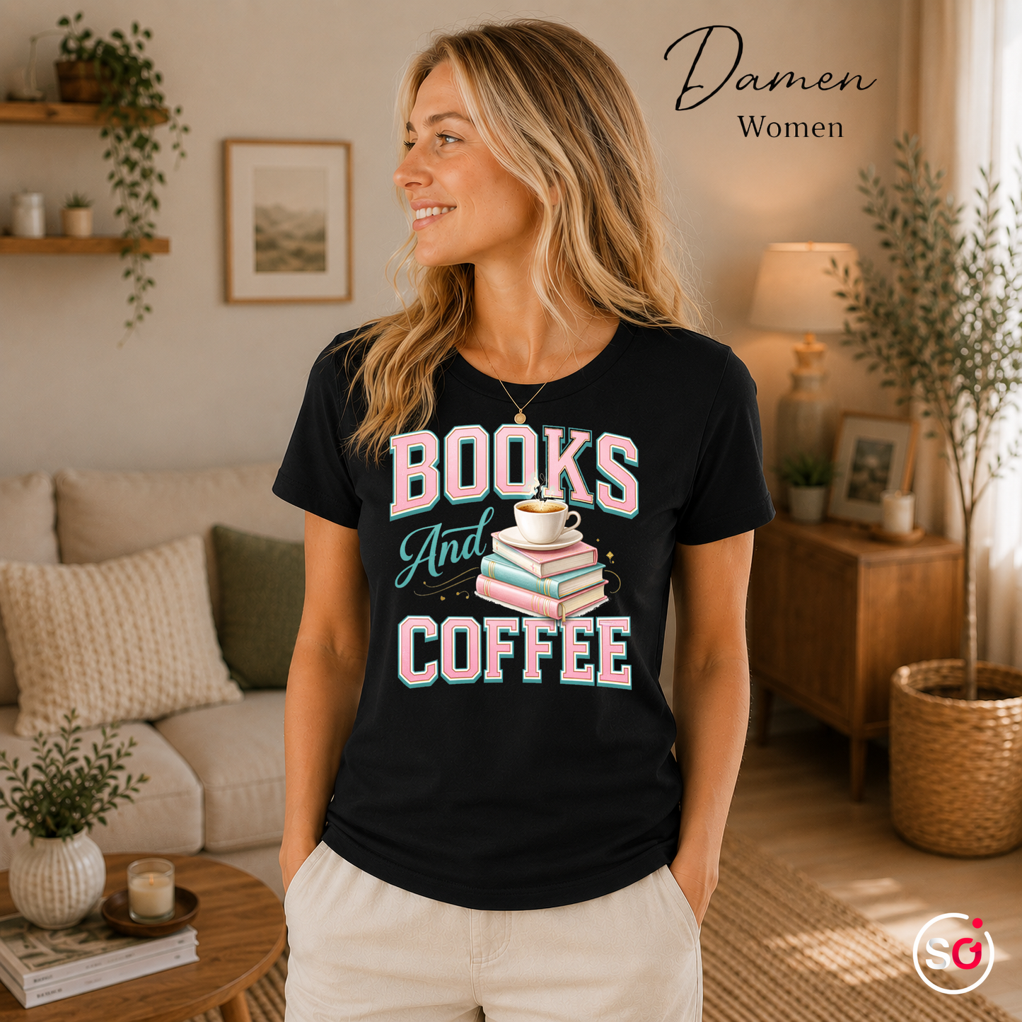 Damen Schwarz – Books And Coffee T-Shirt für Leseratten & Kaffeefans – Damen & Herren