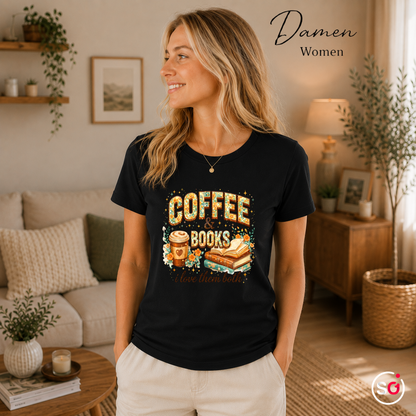 Damen Schwarz – Coffee & Books T-Shirt – Floraler Print für Leseratten & Kaffeeliebhaber