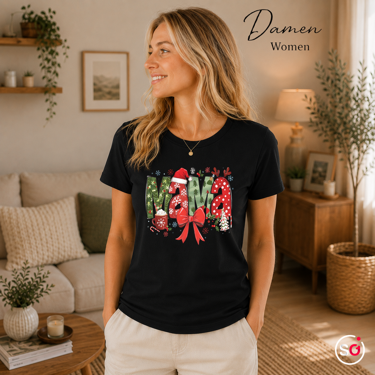 Damen Schwarz – MAMA Weihnachts-T-Shirt | Festlicher Schriftzug mit Mustermix, Weihnachtsmütze & Schneeflocken