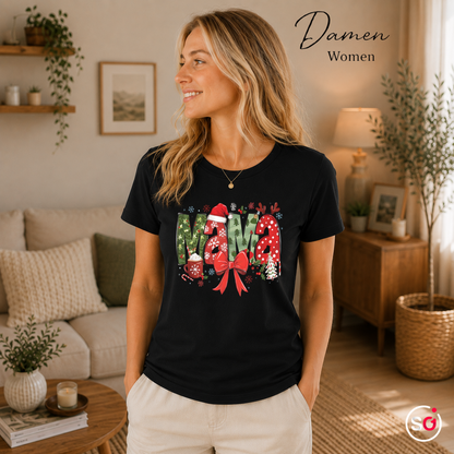 Damen Schwarz – MAMA Weihnachts-T-Shirt | Festlicher Schriftzug mit Mustermix, Weihnachtsmütze & Schneeflocken