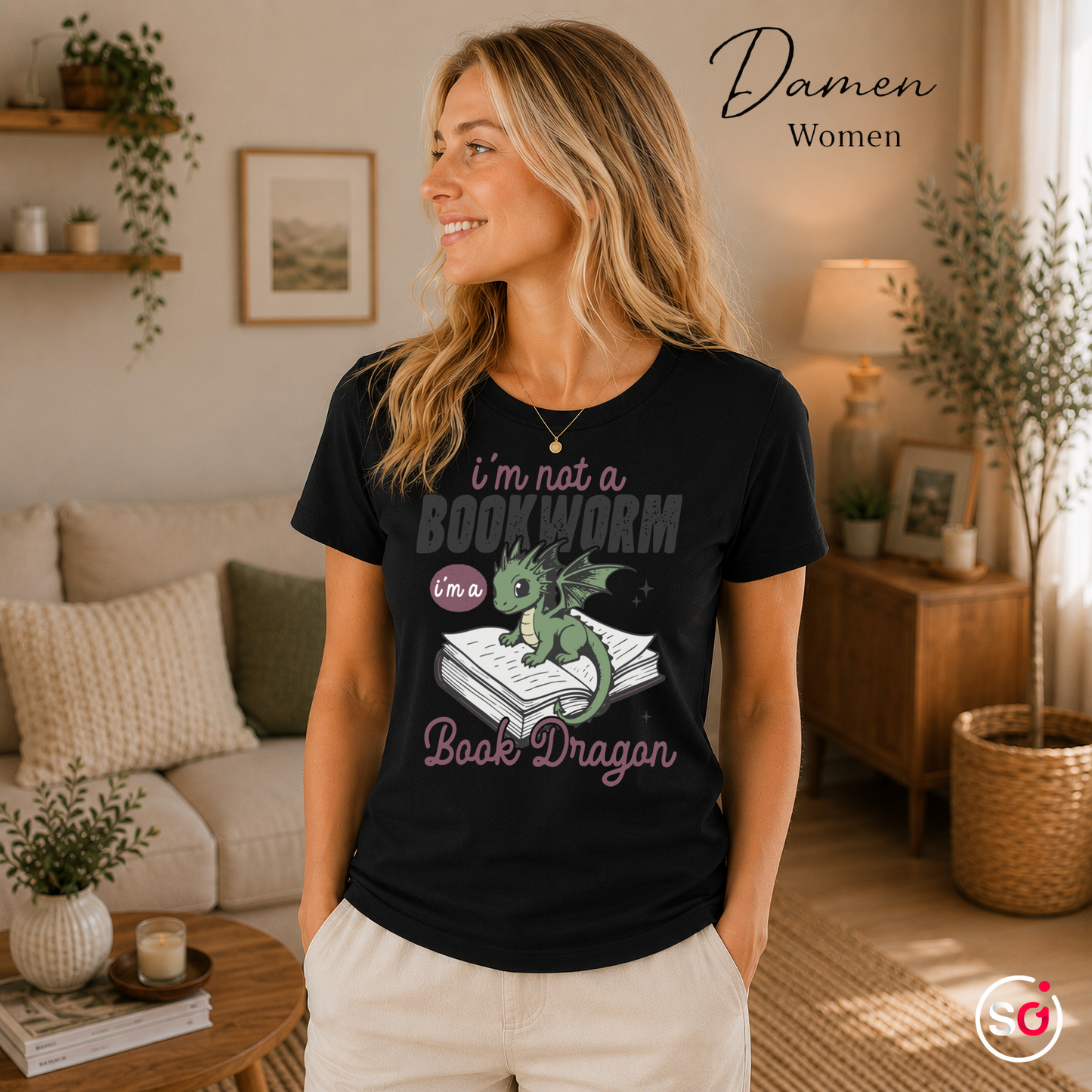 Damen Schwarz – Buch Drache T-Shirt – Niedlicher Drache auf Buch mit tollem Spruch