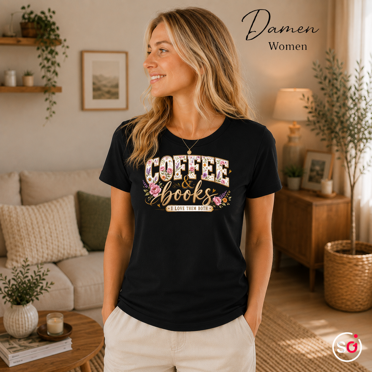 Damen Schwarz – T-Shirt 'Coffee & Books' mit romantischem Blumen-Design für Leseratten